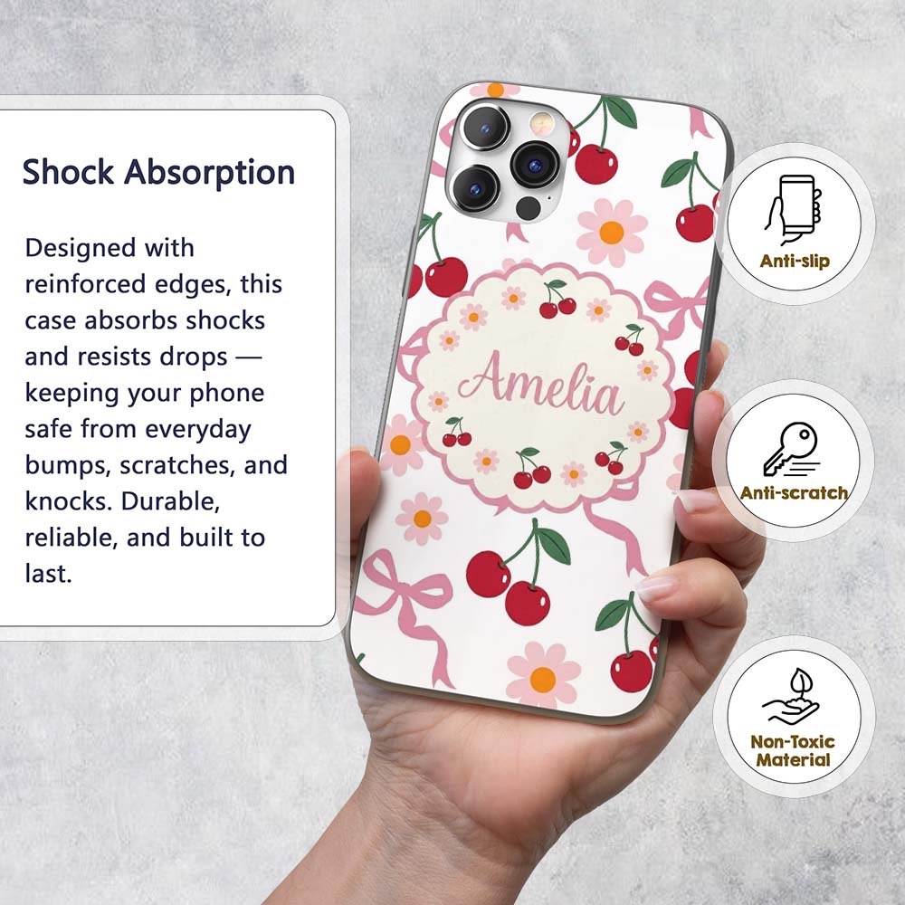Cute Cherry and Daisy Flowers with Pink Ribbon Custom Name Protective Phone Case Mobile Cover Durable Everyday Smartphone Shock Resistant