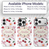 Cute Cherry and Daisy Flowers with Pink Ribbon Custom Name Protective Phone Case Mobile Cover Durable Everyday Smartphone Shock Resistant