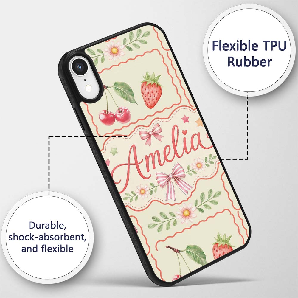 Cute Cherry and Daisy Flowers with Pink Ribbon Custom Name Protective Phone Case Mobile Cover Durable Everyday Smartphone Shock Resistant