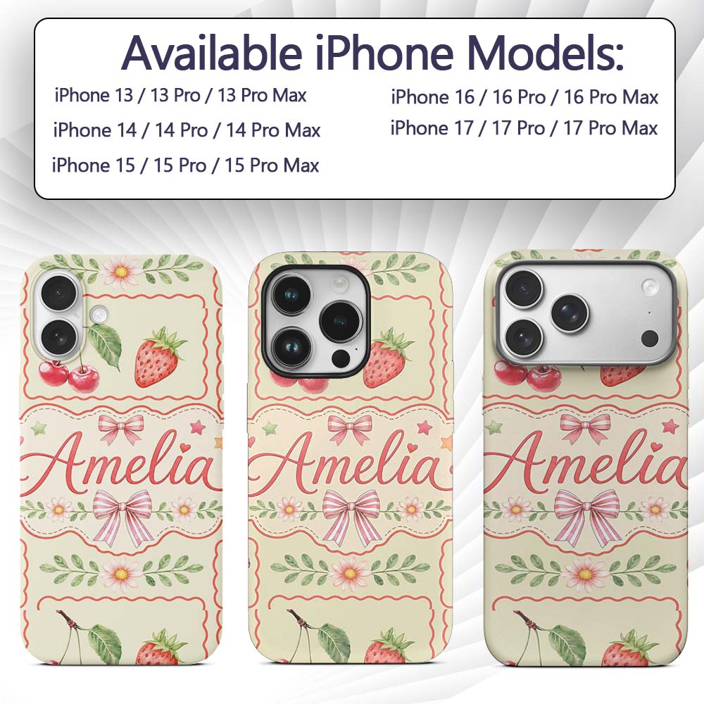 Cute Cherry and Daisy Flowers with Pink Ribbon Custom Name Protective Phone Case Mobile Cover Durable Everyday Smartphone Shock Resistant