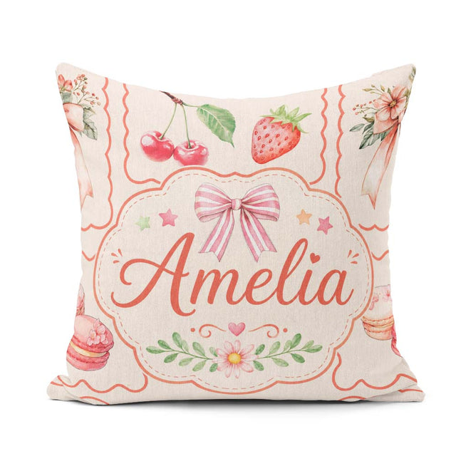 Custom Name Watercolor Cherry Strawberry Bow Macaron Frame Cream Square Filled Cushion Throw Pillow Sofa Bed Home Decor Zip Washable UK Made
