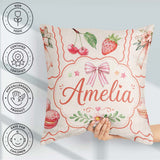 Custom Name Watercolor Cherry Strawberry Bow Macaron Frame Cream Square Filled Cushion Throw Pillow Sofa Bed Home Decor Zip Washable UK Made