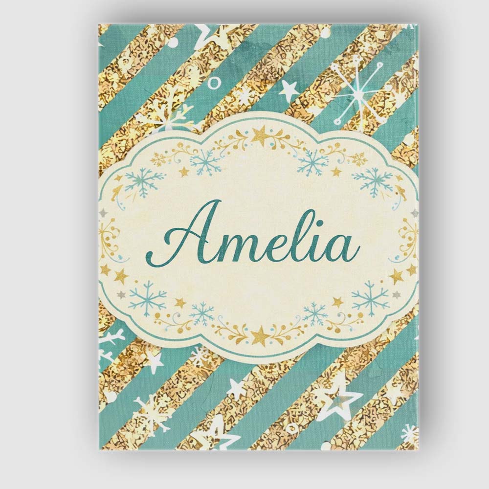 Personalised Name Gold Glitter Stripe Stars Snowflakes Festive Custom Modern Room Accent Canvas Wall Art Print Decor Picture Ready to Hang