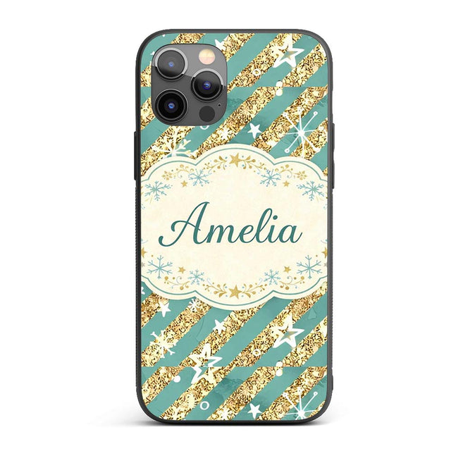 Gold Glitter Stripe Stars Snowflakes Festive Custom Name Protective Phone Case Mobile Cover Durable Everyday Smartphone Shock Resistant