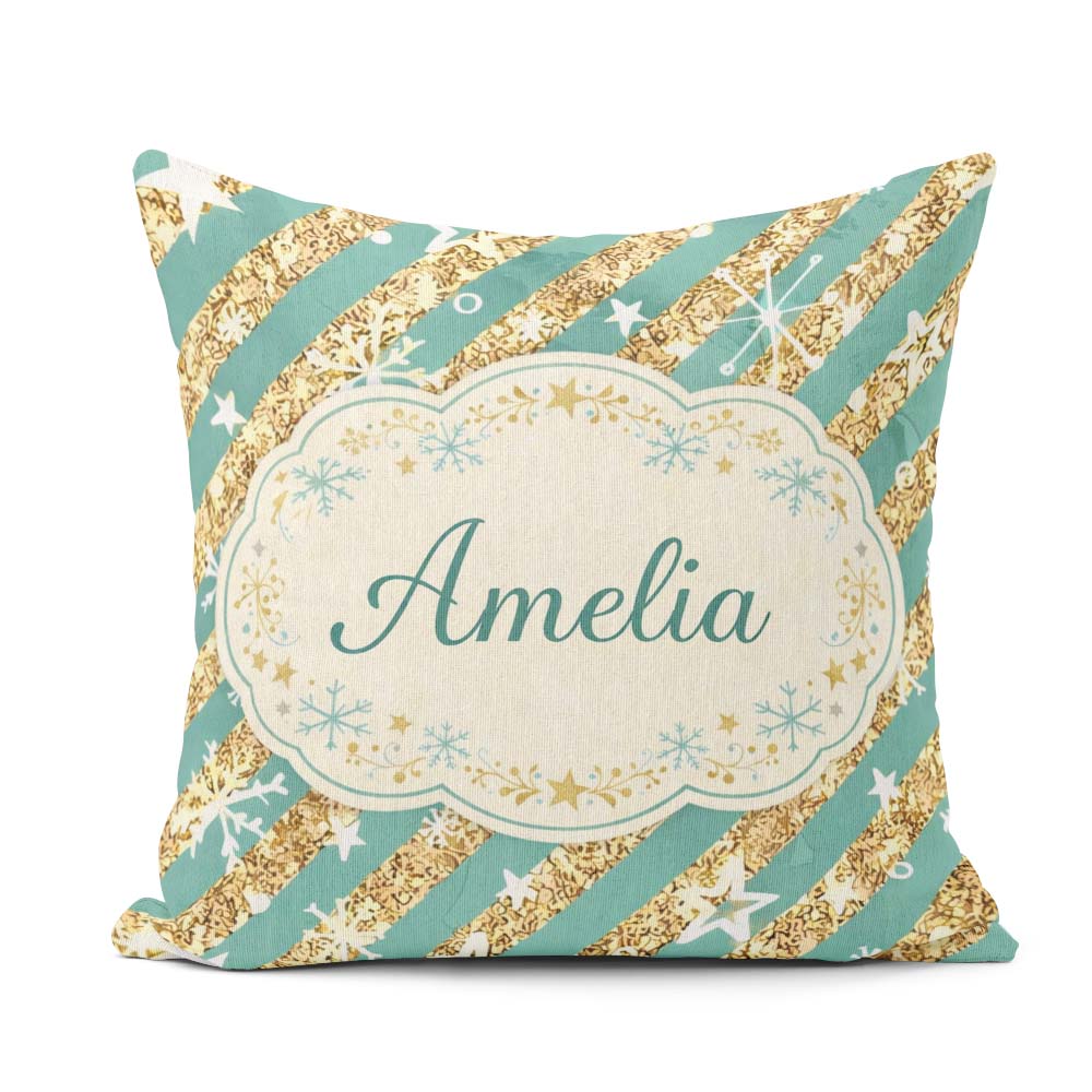 Custom Name Gold Glitter Stripe Stars Snowflakes Festive Pattern Square Filled Cushion Throw Pillow Sofa Bed Home Decor Zip Washable UK Made