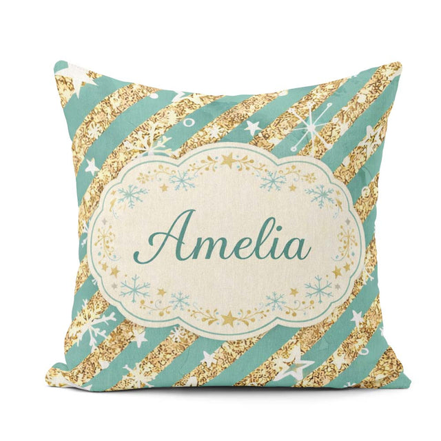 Custom Name Gold Glitter Stripe Stars Snowflakes Festive Pattern Square Filled Cushion Throw Pillow Sofa Bed Home Decor Zip Washable UK Made