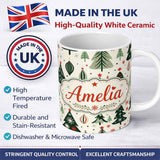 Personalized Custom Name Modern Christmas Trees Ornaments Stars Festive Seamless Pattern 11oz Ceramic Coffee Tea Mug White Large Handle