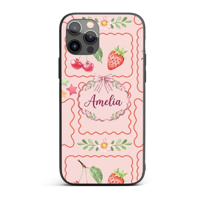 Watercolor Cherry Strawberry Bow Macaron Dessert Custom Name Protective Phone Case Mobile Cover Durable Everyday Smartphone Shock Resistant