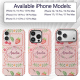 Watercolor Cherry Strawberry Bow Macaron Dessert Custom Name Protective Phone Case Mobile Cover Durable Everyday Smartphone Shock Resistant