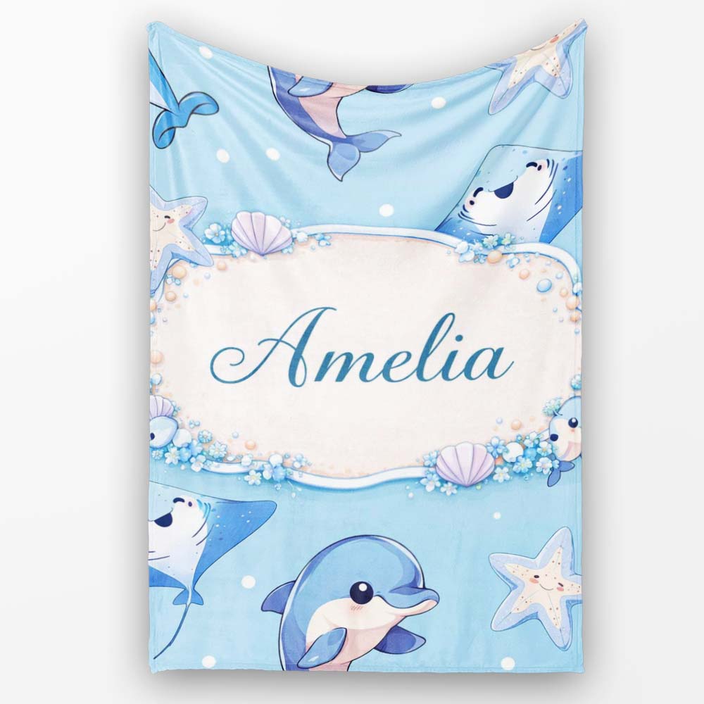 Cute Dolphin Stingray Starfish Ocean Sea Life Soft Aqua Background  Personalised Custom Name Super Soft Fleece Blanket Bed Sofa Throw