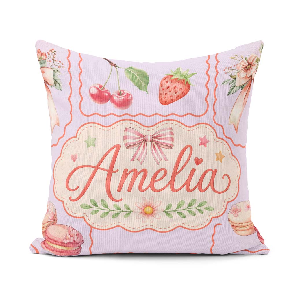 Custom Name Watercolor Cherry RibbonBow Macaron Frame Soft Lilac Square Filled Cushion Throw Pillow Sofa Bed Home Decor Zip Washable UK Made