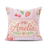 Custom Name Watercolor Cherry RibbonBow Macaron Frame Soft Lilac Square Filled Cushion Throw Pillow Sofa Bed Home Decor Zip Washable UK Made