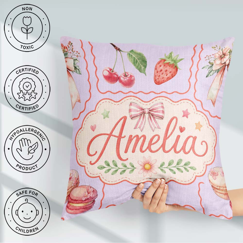 Custom Name Watercolor Cherry RibbonBow Macaron Frame Soft Lilac Square Filled Cushion Throw Pillow Sofa Bed Home Decor Zip Washable UK Made