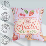 Custom Name Watercolor Cherry RibbonBow Macaron Frame Soft Lilac Square Filled Cushion Throw Pillow Sofa Bed Home Decor Zip Washable UK Made