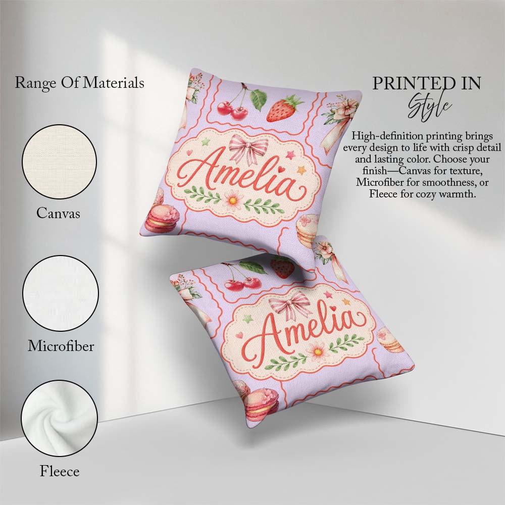 Custom Name Watercolor Cherry RibbonBow Macaron Frame Soft Lilac Square Filled Cushion Throw Pillow Sofa Bed Home Decor Zip Washable UK Made