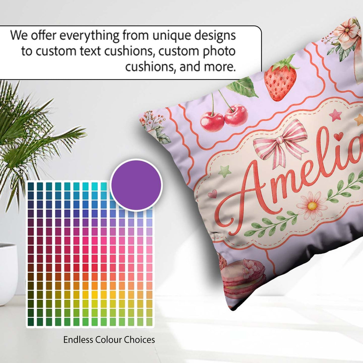 Custom Name Watercolor Cherry RibbonBow Macaron Frame Soft Lilac Square Filled Cushion Throw Pillow Sofa Bed Home Decor Zip Washable UK Made