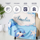 Cute Dolphin Stingray Starfish Ocean Sea Life Soft Aqua Background  Personalised Custom Name Super Soft Fleece Blanket Bed Sofa Throw
