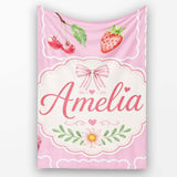 Cute Watercolor Cherry Strawberry Ribbon Bow and Macaron Frame Pink  Personalised Custom Name Super Soft Fleece Blanket Bed Sofa Throw