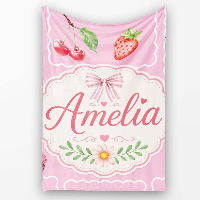 Cute Watercolor Cherry Strawberry Ribbon Bow and Macaron Frame Pink  Personalised Custom Name Super Soft Fleece Blanket Bed Sofa Throw