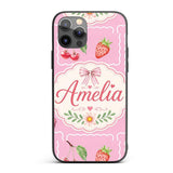 Cute Watercolor Cherry Strawberry Ribbon Bow and Custom Name Protective Phone Case Mobile Cover Durable Everyday Smartphone Shock Resistant