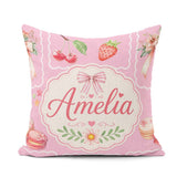 Custom Name Watercolor Cherry Ribbon Bow and Macaron Frame Pink Square Filled Cushion Throw Pillow Sofa Bed Home Decor Zip Washable UK Made