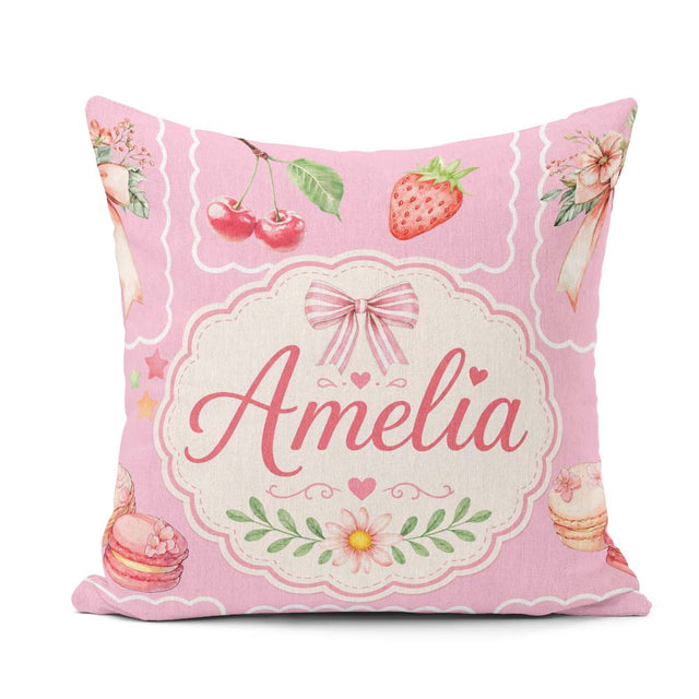 Custom Name Watercolor Cherry Ribbon Bow and Macaron Frame Pink Square Filled Cushion Throw Pillow Sofa Bed Home Decor Zip Washable UK Made