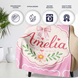 Cute Watercolor Cherry Strawberry Ribbon Bow and Macaron Frame Pink  Personalised Custom Name Super Soft Fleece Blanket Bed Sofa Throw