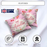Custom Name Watercolor Cherry Ribbon Bow and Macaron Frame Pink Square Filled Cushion Throw Pillow Sofa Bed Home Decor Zip Washable UK Made