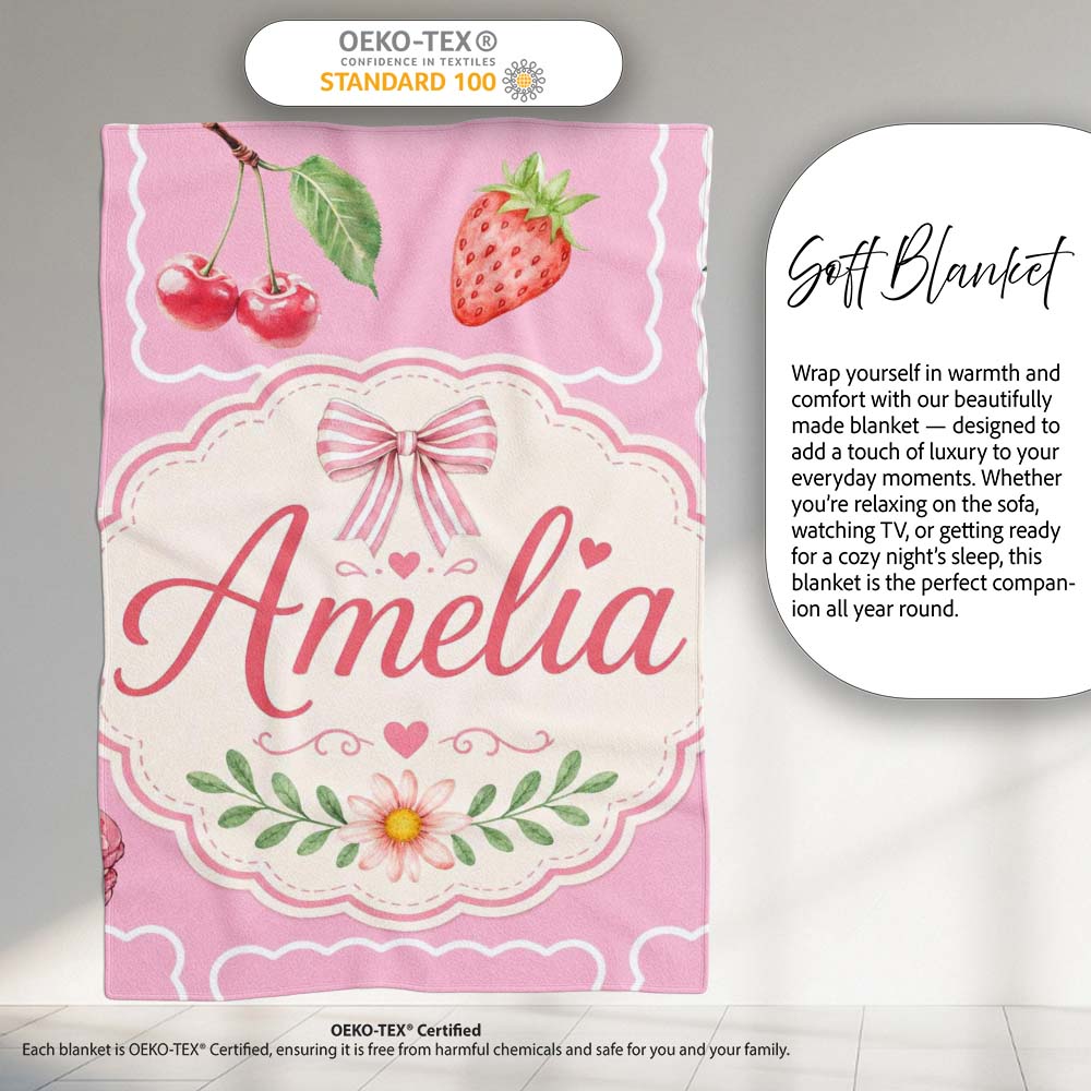 Cute Watercolor Cherry Strawberry Ribbon Bow and Macaron Frame Pink  Personalised Custom Name Super Soft Fleece Blanket Bed Sofa Throw