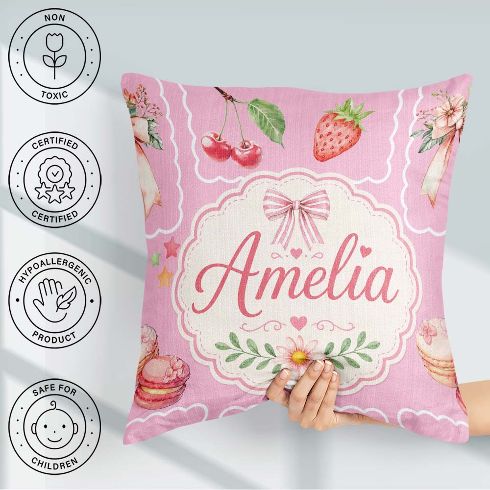 Custom Name Watercolor Cherry Ribbon Bow and Macaron Frame Pink Square Filled Cushion Throw Pillow Sofa Bed Home Decor Zip Washable UK Made