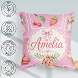 Custom Name Watercolor Cherry Ribbon Bow and Macaron Frame Pink Square Filled Cushion Throw Pillow Sofa Bed Home Decor Zip Washable UK Made