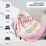 Cute Watercolor Cherry Strawberry Ribbon Bow and Macaron Frame Pink  Personalised Custom Name Super Soft Fleece Blanket Bed Sofa Throw