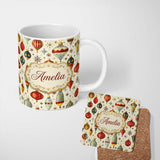 Personalized Custom Name Vintage Christmas Baubles Ornaments Stars Elegant Holiday Seamless 11oz Ceramic Coffee Tea Mug White Large Handle