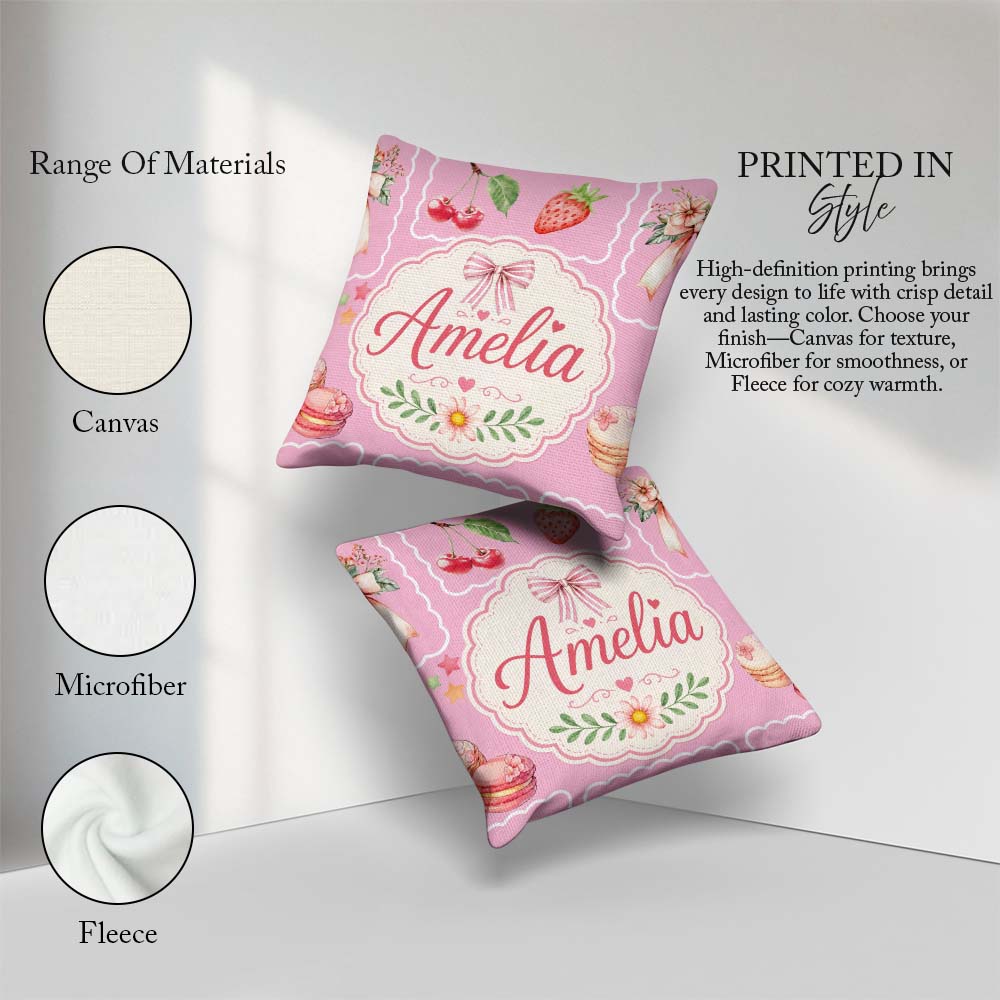 Custom Name Watercolor Cherry Ribbon Bow and Macaron Frame Pink Square Filled Cushion Throw Pillow Sofa Bed Home Decor Zip Washable UK Made