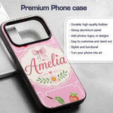 Cute Watercolor Cherry Strawberry Ribbon Bow and Custom Name Protective Phone Case Mobile Cover Durable Everyday Smartphone Shock Resistant