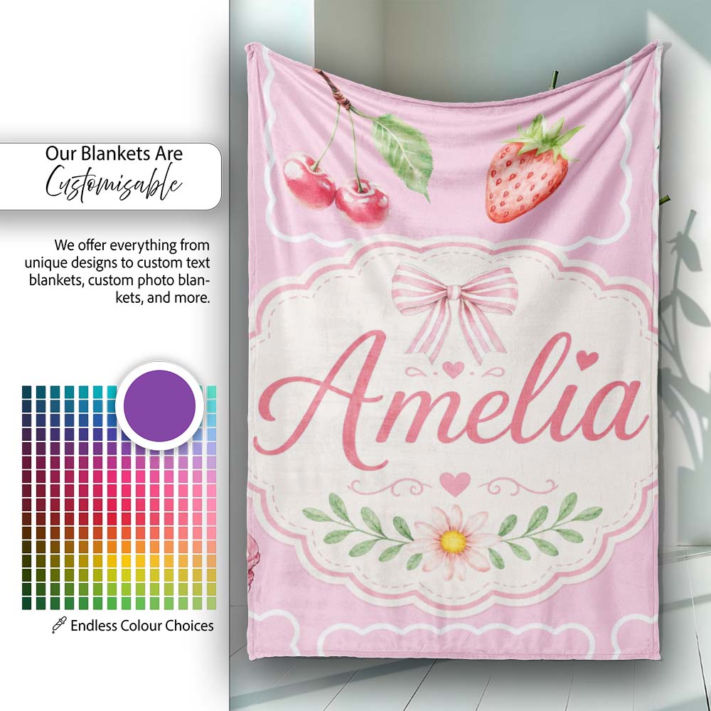 Cute Watercolor Cherry Strawberry Ribbon Bow and Macaron Frame Pink  Personalised Custom Name Super Soft Fleece Blanket Bed Sofa Throw