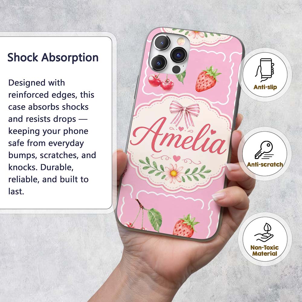 Cute Watercolor Cherry Strawberry Ribbon Bow and Custom Name Protective Phone Case Mobile Cover Durable Everyday Smartphone Shock Resistant