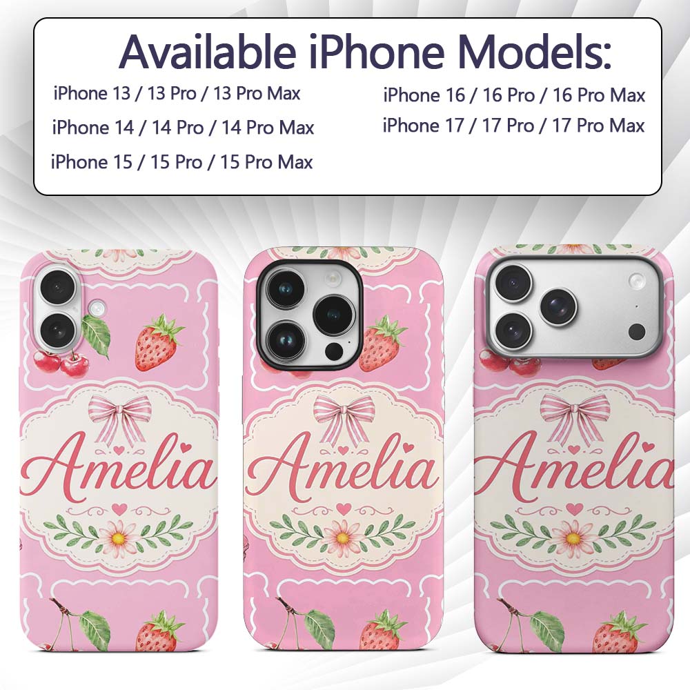 Cute Watercolor Cherry Strawberry Ribbon Bow and Custom Name Protective Phone Case Mobile Cover Durable Everyday Smartphone Shock Resistant