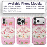 Cute Watercolor Cherry Strawberry Ribbon Bow and Custom Name Protective Phone Case Mobile Cover Durable Everyday Smartphone Shock Resistant