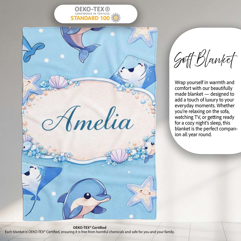 Cute Dolphin Stingray Starfish Ocean Sea Life Soft Aqua Background  Personalised Custom Name Super Soft Fleece Blanket Bed Sofa Throw