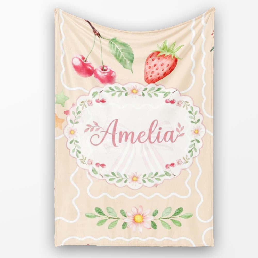 Cute Watercolor Cherry Strawberry Ribbon Bow and Macaron Frame Beige  Personalised Custom Name Super Soft Fleece Blanket Bed Sofa Throw
