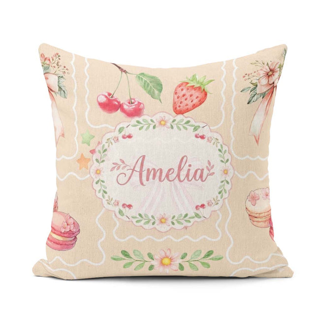 Custom Name Watercolor Cherry Ribbon Bow and Macaron Frame Beige Square Filled Cushion Throw Pillow Sofa Bed Home Decor Zip Washable UK Made