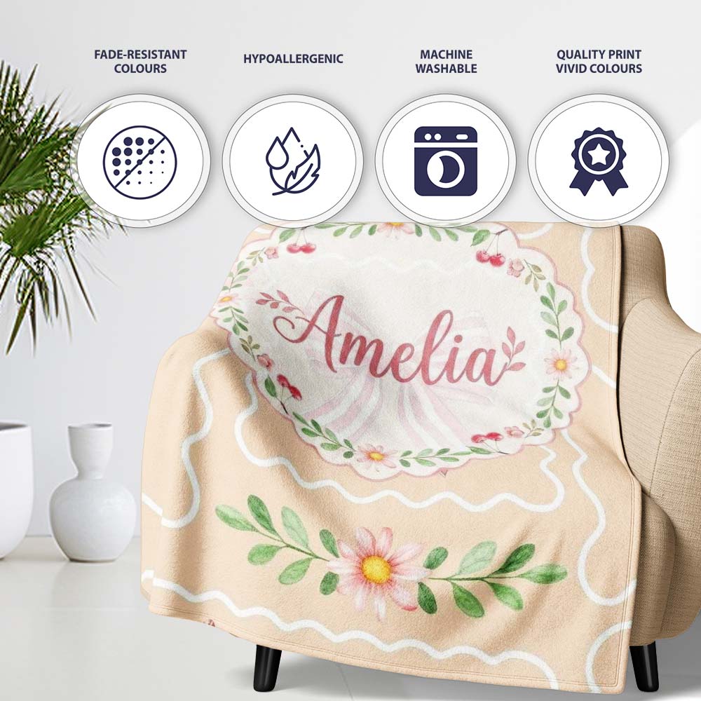 Cute Watercolor Cherry Strawberry Ribbon Bow and Macaron Frame Beige  Personalised Custom Name Super Soft Fleece Blanket Bed Sofa Throw