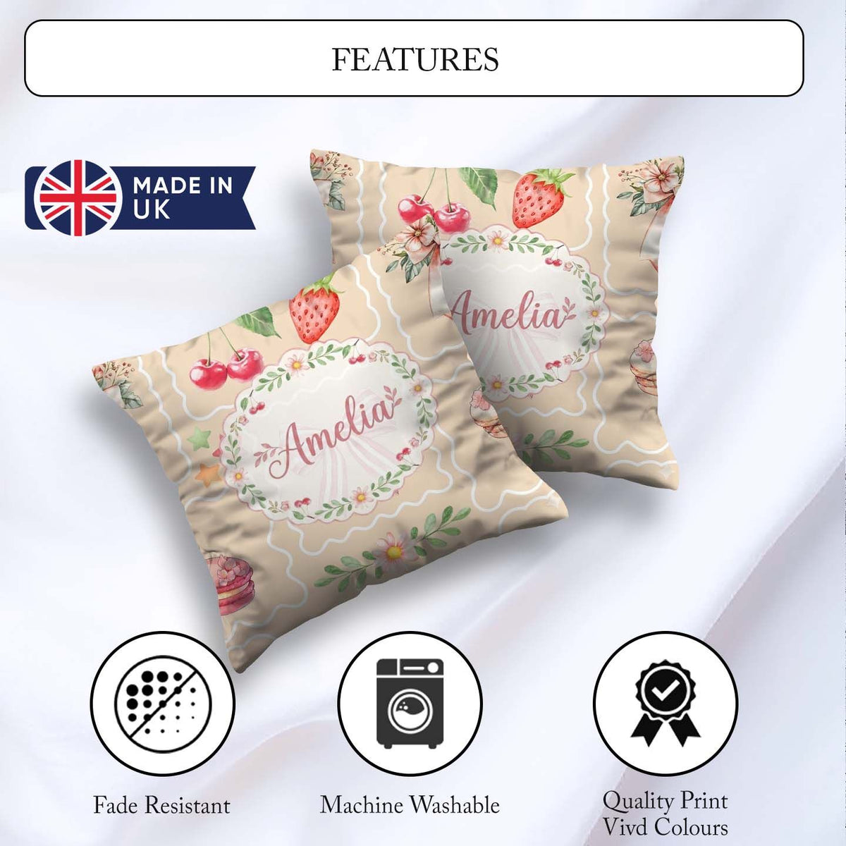 Custom Name Watercolor Cherry Ribbon Bow and Macaron Frame Beige Square Filled Cushion Throw Pillow Sofa Bed Home Decor Zip Washable UK Made