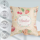 Custom Name Watercolor Cherry Ribbon Bow and Macaron Frame Beige Square Filled Cushion Throw Pillow Sofa Bed Home Decor Zip Washable UK Made