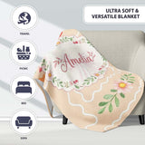 Cute Watercolor Cherry Strawberry Ribbon Bow and Macaron Frame Beige  Personalised Custom Name Super Soft Fleece Blanket Bed Sofa Throw