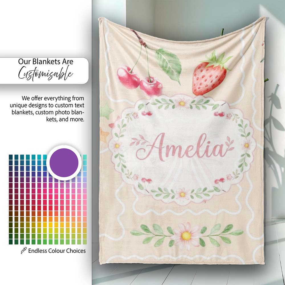Cute Watercolor Cherry Strawberry Ribbon Bow and Macaron Frame Beige  Personalised Custom Name Super Soft Fleece Blanket Bed Sofa Throw