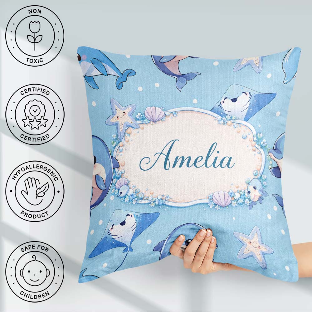 Custom Name Dolphin Stingray Ocean Sea Life Soft Aqua Background Square Filled Cushion Throw Pillow Sofa Bed Home Decor Zip Washable UK Made