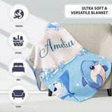 Cute Dolphin Stingray Starfish Ocean Sea Life Soft Aqua Background  Personalised Custom Name Super Soft Fleece Blanket Bed Sofa Throw