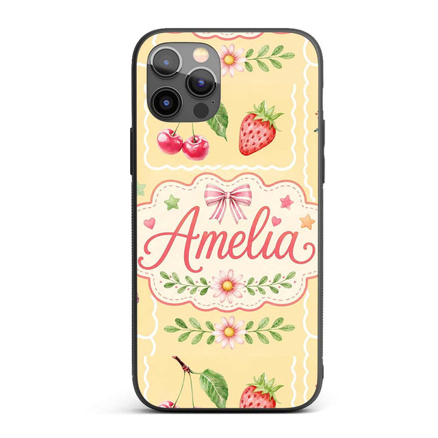 Cute Watercolor Cherry Strawberry Ribbon Bow Custom Name Protective Phone Case Mobile Cover Durable Everyday Smartphone Shock Resistant
